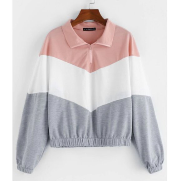 Zaful Tops - Zaful Color Block Half-Zip Sweatshirt - Pink/Gray